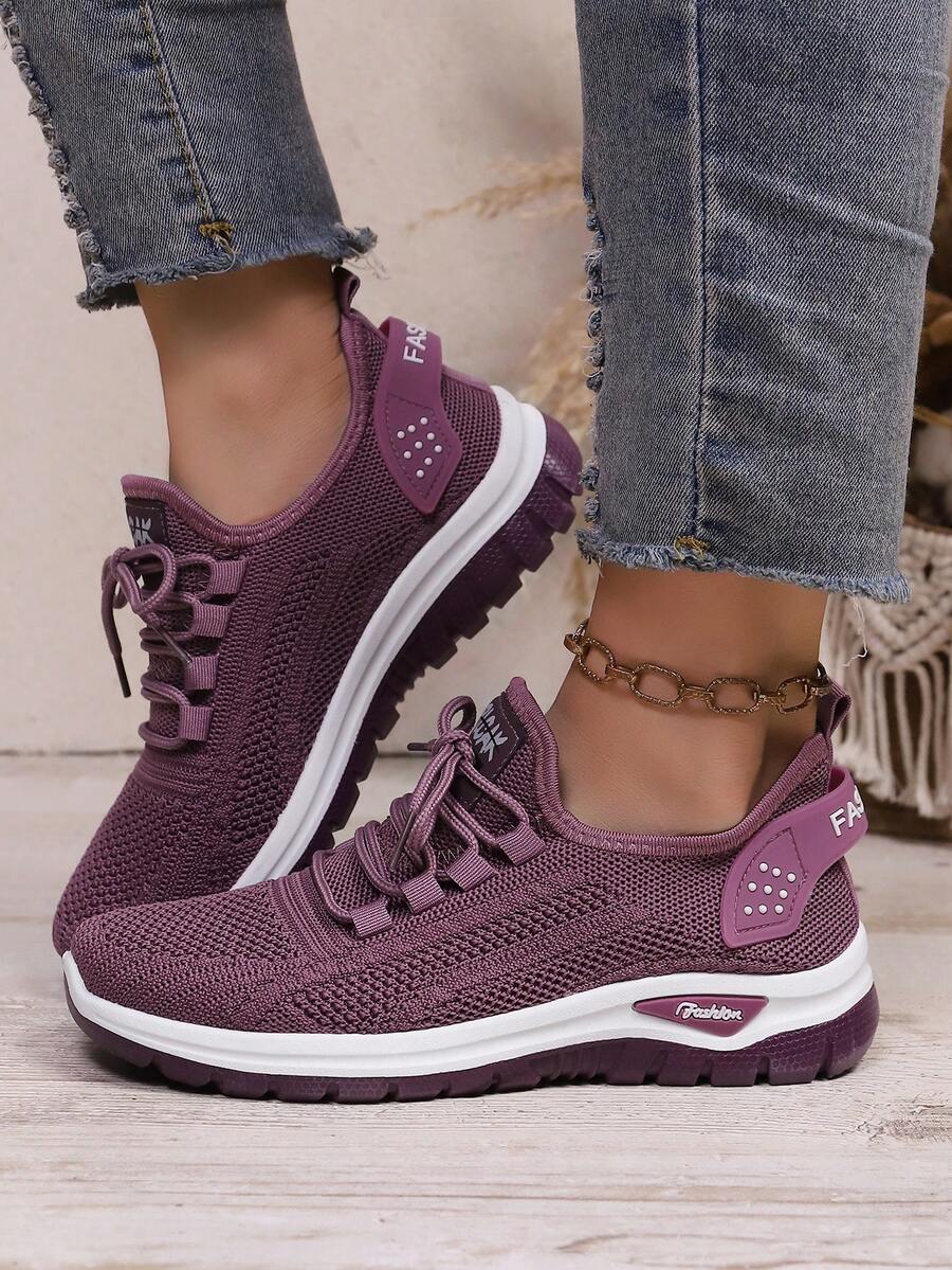 Tênis Casuais Respiráveis Femininos, Sapatos de Malha de Cano Baixo Confortáveis com Cadarço Listrado e Design de Logo Lateral, Múltiplas Cores, Adequados para Uso Externo, Corrida, Caminhada, Transporte Diário - Roxo - Visão 1