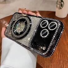 Luxury Bling Glitter Camera Diamond Ring Stand Phone Case Compatible With IPhone 17 Pro Max 16 15 14 13 12 Air - Gradient Sequin Electroplated Cover, Hidden Kickstand, Sparkly Case For Girls & Women Shell - Black - View 3