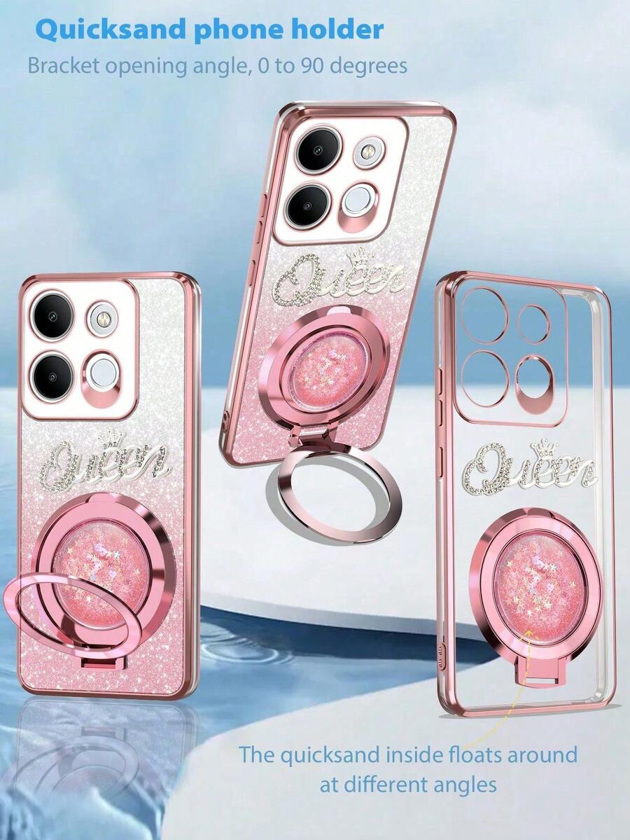 Diamond Queen Starry Sky Liquid Quicksand + Magnetic CD Pattern Stand + New Electroplated Anti-Drop Phone Case, Suitable For Infinix Zero 30/Pop/Camon/Smart Series, 11/12/13/14/15 Pro Max, S22/23/24+, OPPO, VIVO, Redmi 13C+, Moto G, Redmi Note 13C/12/11 Pro, Enjoy 20/30/40/50/60/70, HONOR 90/80/70/60/50, X9/X8/X7/X6/X5 AB+ - Pink - View 1