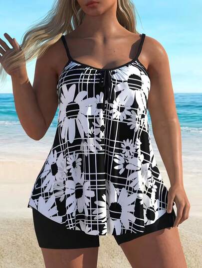 Áo bikini hai dây họa tiết hoa nhí cỡ lớn, kiểu dáng thường ngày, có chi tiết thắt nút, chất liệu vải dệt kim co giãn vừa phải, ôm sát và thời trang.