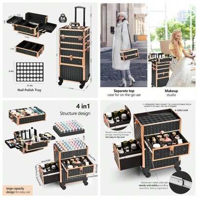 Rolling Case With Drawer, Train Case, 4 In 1Cosmetology Case On Wheels, Large Case Organizers, Profesional Cosmetic Case Salon Barber, Black Gold,