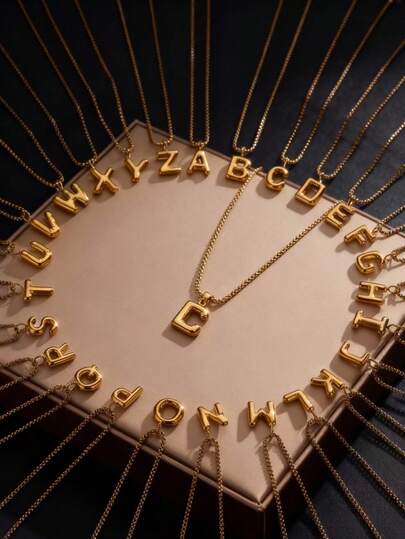 1pc Elegant Stainless Steel Gold Plated Bubble Letter A-Z Initial Necklace Pendant, Unisex High Quality Bubble Letter Charm Necklace, Suitable As Gift For Christmas, Ramadan, Back To School, Graduation, Wedding, Birthday, Valentine's Day, Mother's Day, Father's Day, And Year-Round Party & Holiday Accessory