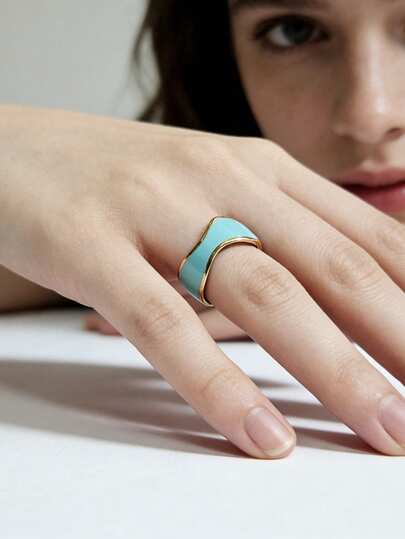 Mazuer 1枚18K镀金珐琅水滴设计开口戒指，不锈钢材质，女士日常配饰