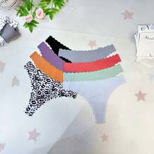 20-Piece Set. Mix Of Leopard Print & Solids. One-Piece, Ultra-Thin, Seamless Panties With Wavy Edges. Low-Rise, Quick-Dry, Breathable. Great For Dates, Indoor/Outdoor, Vacations. Pairs Well With Lingerie. Womenswear Thong Panties - 彩色 - 查看 4