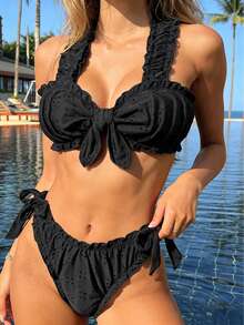 Mesh Bikini Set With Ruffle Accent And Strap Detail Summer - Black - View 5