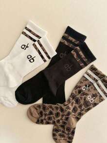 3 Pairs Women's Leopard & Striped Pattern Mid-Calf Socks, Fashion Classic Comfortable Soft Breathable, Versatile For Daily Wear, All Seasons - Multicolor - View 5