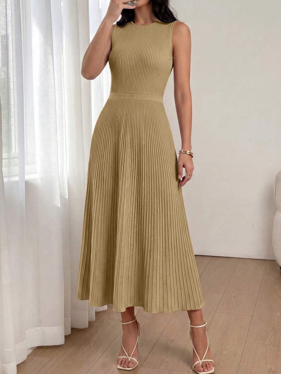 Women Summer Sleeveless Midi Dress Crewneck Ribbed Knit Pleated Swing A-Line Flowy Dress Solid Color Casual Spring Holiday Vacation Valentine Long Midi Dress Outfits - 駝色 - 查看 1