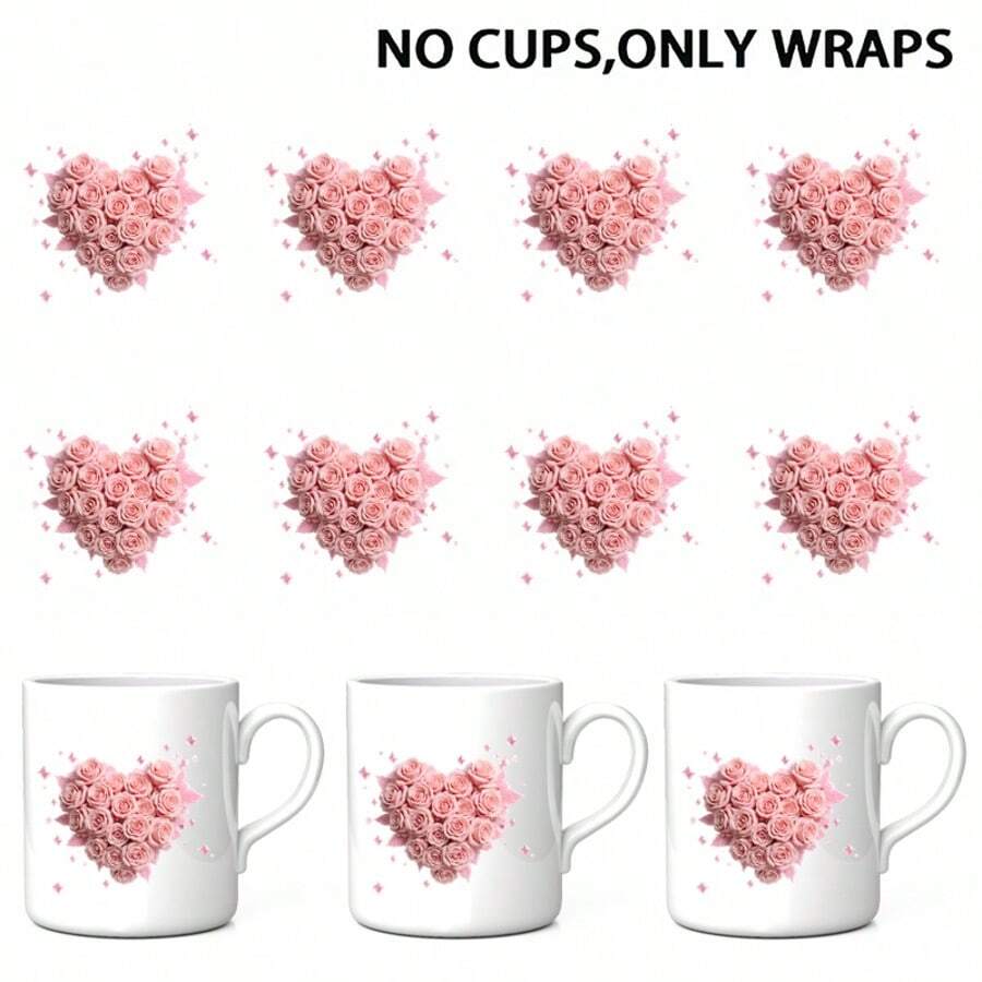 Set de 8 pegatinas de transferencia de calor UV DTF, serie de diseño de rosas y corazones rosas del Día de San Valentín, patrón de dibujos animados, pegatinas de película de vinilo 3D resistentes al agua y a los arañazos, adecuadas para vasos de vidrio, tazas, refrigeradores - Pegatinas de alta calidad, pegatinas de arte de cristal DIY