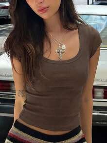 Women Solid Ribbed Corp Top Summer Sexy Fashion Top Casual Streetwear & Evening Club Clothes - Brown - View 6