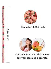 200 piezas Pajitas de papel con estampado de fresa lindas, pajitas de papel portátiles y coloridas, adecuadas para fiestas, Día de San Valentín, Día de la Madre, decoración de bodas - Rosa - Ver 2