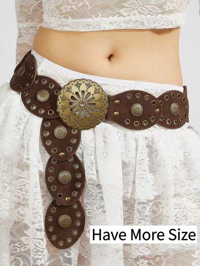 حزام جلدي بوهيمي على الطراز الغربي للسيدات، حزام سميك مع إبزيم مزخرف بالزهور البرونزية المجوفة بشكل بيضاوي، إكسسوار للفستان، مناسب للحفلات والشاطئ ومهرجانات الموسيقى وأزياء Y2K، هدية عيد الحب، متوفر مقاسات كبيرة