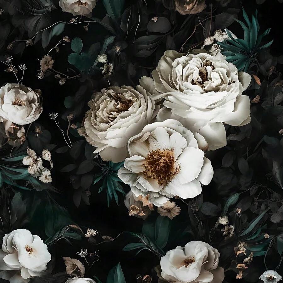 Dark Wallpapr Peel And Stick Boho Wallpaper 17.5in X 393in Black Floral Contact Paper Waterproof Se- Adhesive Vintage Large Floral Wall Paper For Bedroom Walls Cabinet Decor - 黑白 - 查看 1