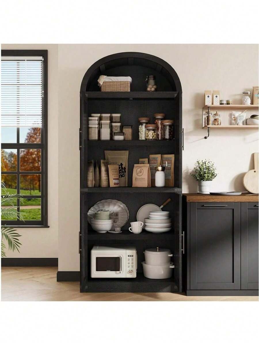 Estante arqueada alta de 72 pulgadas con puertas de madera, armario de almacenamiento de estantería de pantalla de 4 niveles - construcción pesada, organizador de pie moderno para oficina en casa Sala de estar - Puertas de madera negra - Ver 1