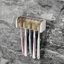 5 Slots Wall Mount Toothbrush Holder With Cover Self Adhesive Toothbrush Storage Organizer For Shower Toothbrush Hanger With Automatic Toothpaste Squeezer Dispenser - 白色+灰色 1包 - 查看 3