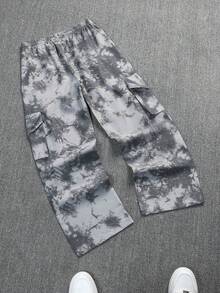 男士宽松迷彩工装裤，带翻盖口袋和抽绳腰带，泼墨印花，适合春秋季穿着 - 灰色 - 查看 4