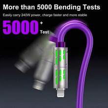 240W 四合一超快充 USB A/Type-C/Lightning 液态硅胶铝合金 LED 发光数据线，高效数据传输，兼容 17/16/15/14/13/12/11/Xs/Xr/8/7/6、S24 Ultra/S24/S23 Ultra/S23/S22/S21，通用数据线 - 紫色 - 查看 10