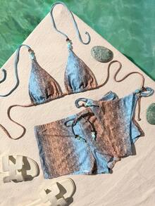 三件套女士泳衣比基尼套装，性感波西米亚风渐变蓝色动物纹迷你三角泳裤套装，含罩衫，适合度假、海滩、泳池和派对穿着，春夏系列 - 彩色 - 查看 6