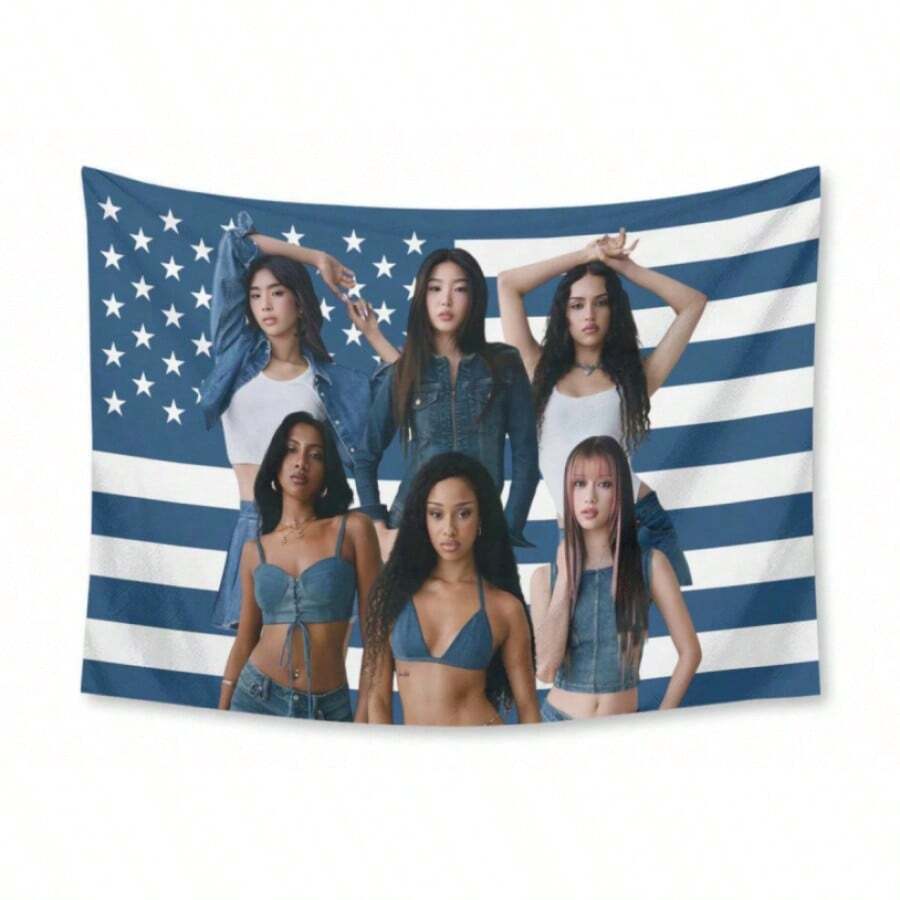 1pc Katseye Kpop Concert Banner Pink American Flag With Seven Members For Katseye Fan Events Bedroom Home And College Dorm Decor - a - 查看 1