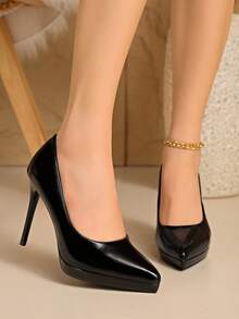 12cm/13cm/10cm Super High Heel Pointed Toe Chunky Heel Sexy Patent Leather Low Vamp Pumps, White/Nude - Black - View 2