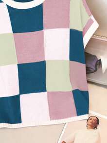 Plus Size Women Colorful Plaid Round Neck Casual Aran Knit Sweater Pullover - Dark Blue - View 8