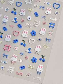 1个5D可爱兔子美甲贴纸，浮雕卡通蓝色花朵图案，自粘美甲装饰贴花，滑动式DIY美甲配件，美甲用品 - 彩色 - 查看 6