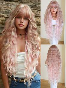 7JHH WIGS 高品质36英寸超长波浪卷发假发，优雅粉色渐变超长波浪假发，刘海挑染金色，耐热纤维材质，无胶合成全机编织，适合日常佩戴、音乐节派对、街头风、动漫角色扮演或服装搭配，是女孩毕业礼物和假发配件的理想之选。 - 粉色 - 查看 3