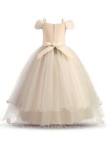 Flower Girl Dress Princess Style Girls Champagne Puff Cap Sleeve Lace Applique Layered Ruffled Tulle Ball Gown With Bow Back For Luxury Wedding Birthday Pageant Formal Occasion - Rượu sâm banh - Xem 5
