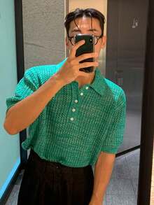 Men's Solid Color Hollow Polo Collar Short Sleeve Knit Sweater, Casual & Versatile, Spring/Summer - Green - View 2