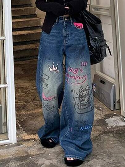 复古新款深蓝色涂鸦高腰修身直筒牛仔裤，阔腿拖地长裤
