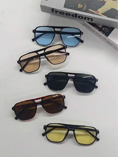 5pcs Plastic Geometric Double-Beam Full Frame Casual Minimalist Cute Retro Elegant Dopamine Fashion Women's Glasses Set, Suitable For Daily Commute, Outdoor, Sports, Party (Random Color)