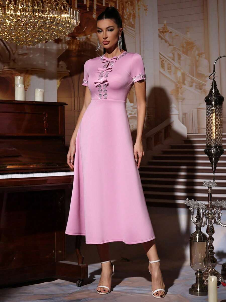 New Arrival Elegant Pink Sequin Bow Tie Dress, Sexy Formal Evening Gown For Wedding And Party - Coral Pink - View 1