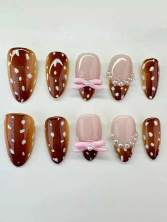 24pcs Medium-Long Almond Shaped Nail Tips, French Polka Dot 3D Bow Tie Pearl Cute Design, Removable Fake Nails With 1 Nail File And 1 Jelly Gel, Upgrade Your Style