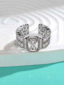 Juego de anillo abierto de circonita cúbica súper brillante de lujo en caja de regalo, joyería de alta gama para mujeres en bodas y fiestas, material de cobre sin decoloración ni alergias, regalo ideal para días festivos