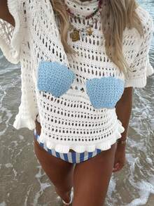 Women's Casual Everyday Chic Cute Design Beachwear Vacation Seaside High Neck Shoulder Strap Ruffle Seashell Hollow Out Cropped Sweater, Spring/Summer - Multicolor - View 3