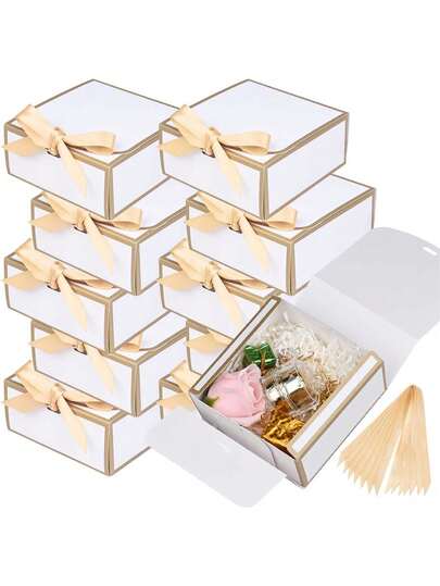 10pcs Kraft Paper Gift Boxes With Lids, 3 Sizes, Decorated With White Satin Ribbon, Suitable For Birthday Celebration, Baby Shower, Gift Packaging, Birthday Presents, And Delicate Cupcake Boxes