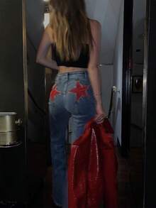 Women's Light Blue High-Waist Jeans With Red Five-Pointed Star Decorations On The Hips, Fashionable And Casual Denim Flare Leg Trousers, Medium Stretch Fabric, Suitable For All Seasons And Various Occasions. - 淺藍色 - 查看 6