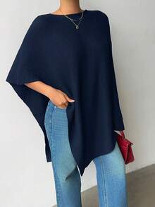 2025简约舒适披肩上衣优雅端庄春秋时尚优雅宽松针织披肩上衣女宽松版型轻薄秋季休闲旅行沙滩百搭风 - 藏蓝色 - 查看 4