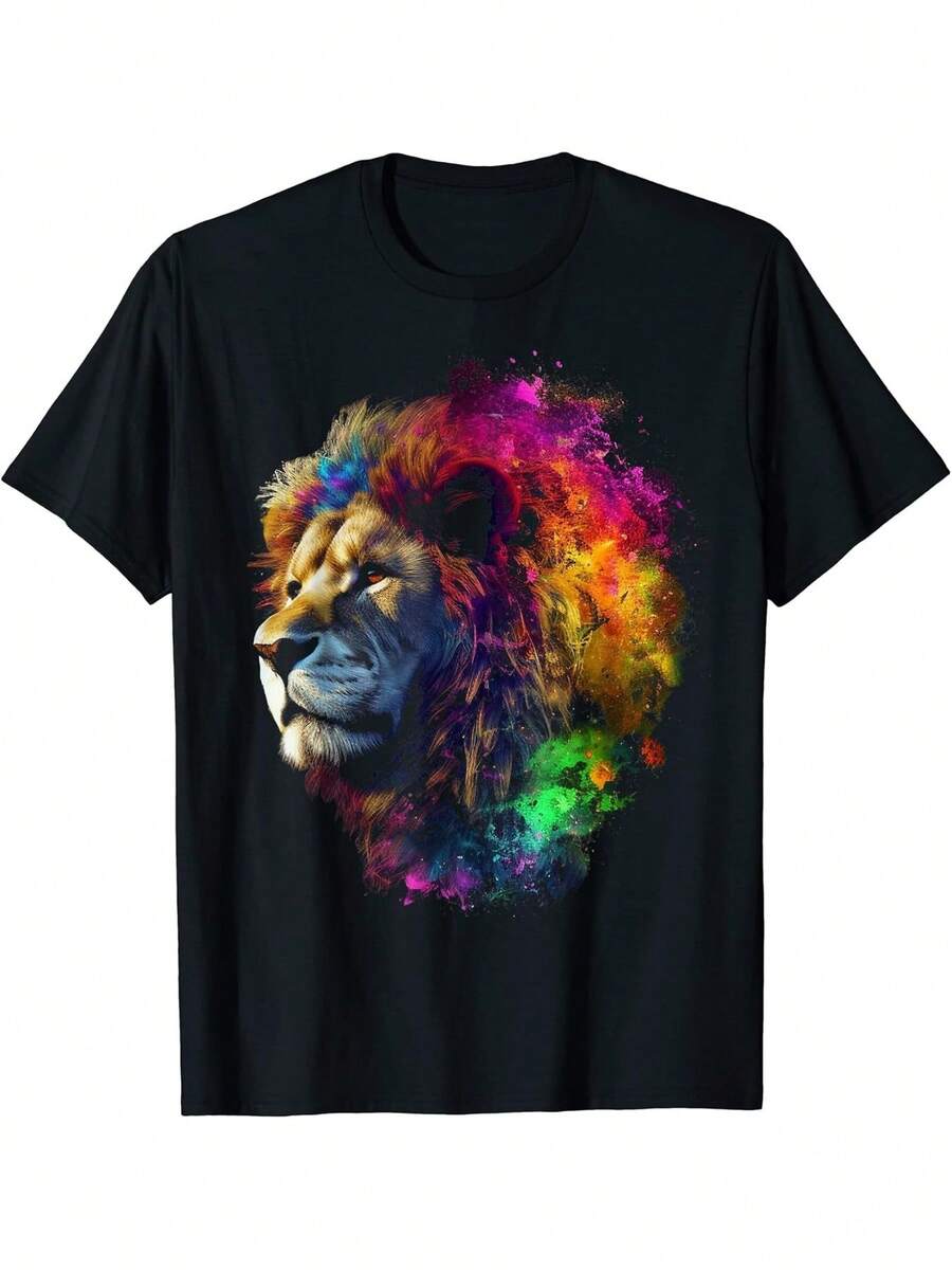 Camiseta con patrón de animal pintado de arte de león - Negro - Ver 1
