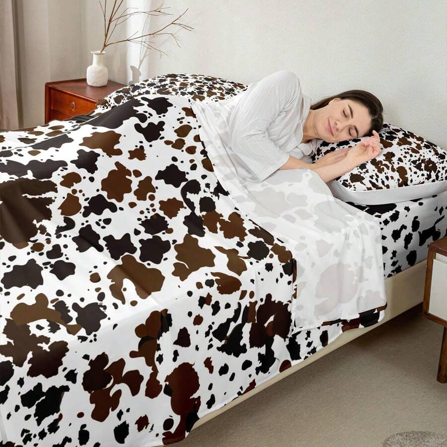 Castle Fairy Cow Print Sheet Set Twin/Full/Queen Size Brown White Cow Fur Bedding Set For Adult Room Decor, Farm Animal Print Bed Sheet Set Deep Pocket Fitted Sheet + Flat Sheet + 2 Pillowcases(Twin Only 1 Pillowcase)