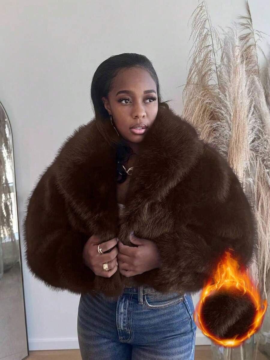 秋冬新款优雅女士仿毛领短外套，保暖舒适休闲 - 咖啡棕 - 查看 1