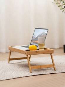 1pc Bamboo Multifunctional Foldable Laptop Desk, Slouchy Bedside Table, Dorm Room Simple Computer Desk With Cup Holder & Tray - Wood Color - View 4