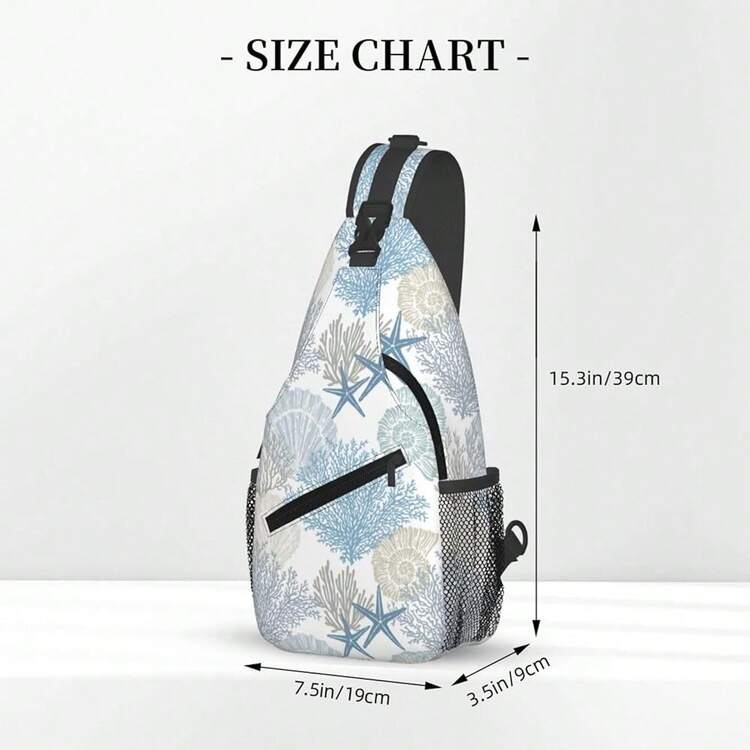 Nautical Coastal Sling Bag For Women Crossbody Bag Marine Pattern With Starfish Seashell Mollusk Coral Sling Backpack For Men Underwater Themed Shoulder Bag Sports Travel HiFKing Daypack - Xanh trắng - Xem 3