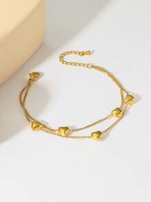 Double-Layer Heart Bracelet, Gold-Plated 3D Heart Design, Gentle & Versatile Accessory - Multicolor - View 6