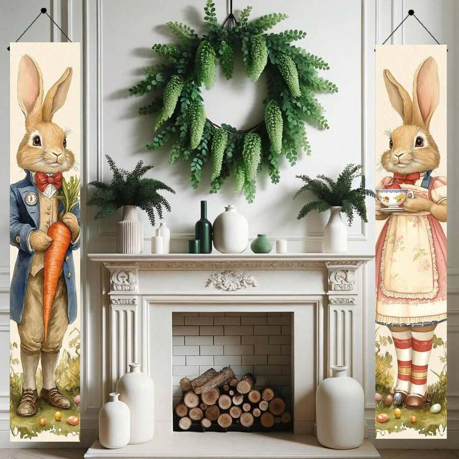 2pcs/Set Easter Couplet, Spring Rabbit & Carrot Print Couplet, Easter Curtain Decor, 30 X 180cm/70.8 X 11.8in Polyester Party Decoration, Porch Home Decor Indoor Outdoor Wall Decor, Easter Gift, Home Decor