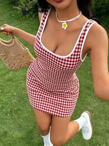 Women's Red & White Plaid Camisole U-Neck Bodycon Mini Dress, Vintage Style For Date, Summer Outing, Valentine's Day - Red - View 1
