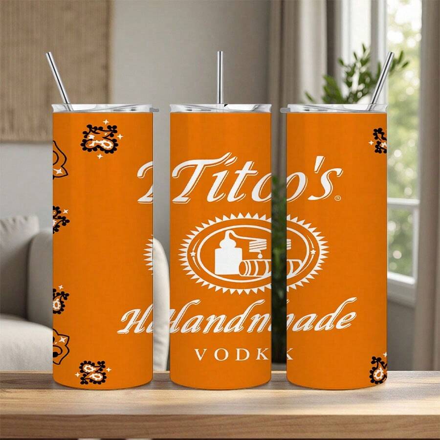 1pc Tito'S Vodka 20oz Insulated Tumbler With Lid & Straw - Orange Bandana Art Design, Stainless Steel Travel Mug For Coffee, Tea - Perfect Gift For Brand Enthusiasts, Father'S Day, Casual Use, Beverage Container, Festive Drinkware, Durable Drinkware - 1pc - 查看 1