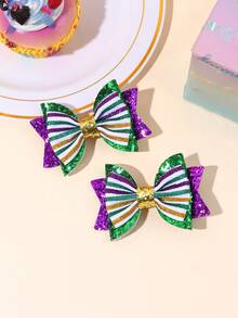 2pcs Carnival Green & Yellow Basic Bow Hair Clips, Fabric Glitter Bow Decorated Hair Clips, Fashion Alligator Clips Carnival Hair Accessories, Carnival Party Gift - Green - View 3