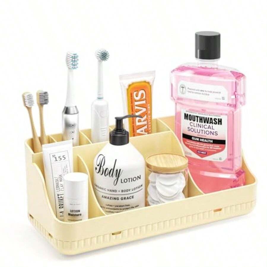 Bathroom Counter Organizer And Storage 7 Slots Detachable Toothbrush Holders For Bathrooms Anti-Slip Electric Toothbrush And Toothpaste Holder Countertop Vanity Organizer Accories For Adults - Vàng sữa - Xem 1