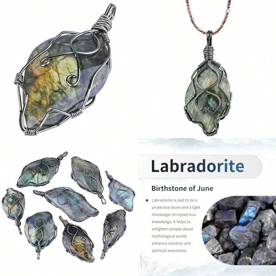 Labradorite Necklace Irregular Shape Wire Wrapped Quartz Crystal Pendant With Chain Healing Stone Jewelry - Hoa hồng vàng - Xem 1