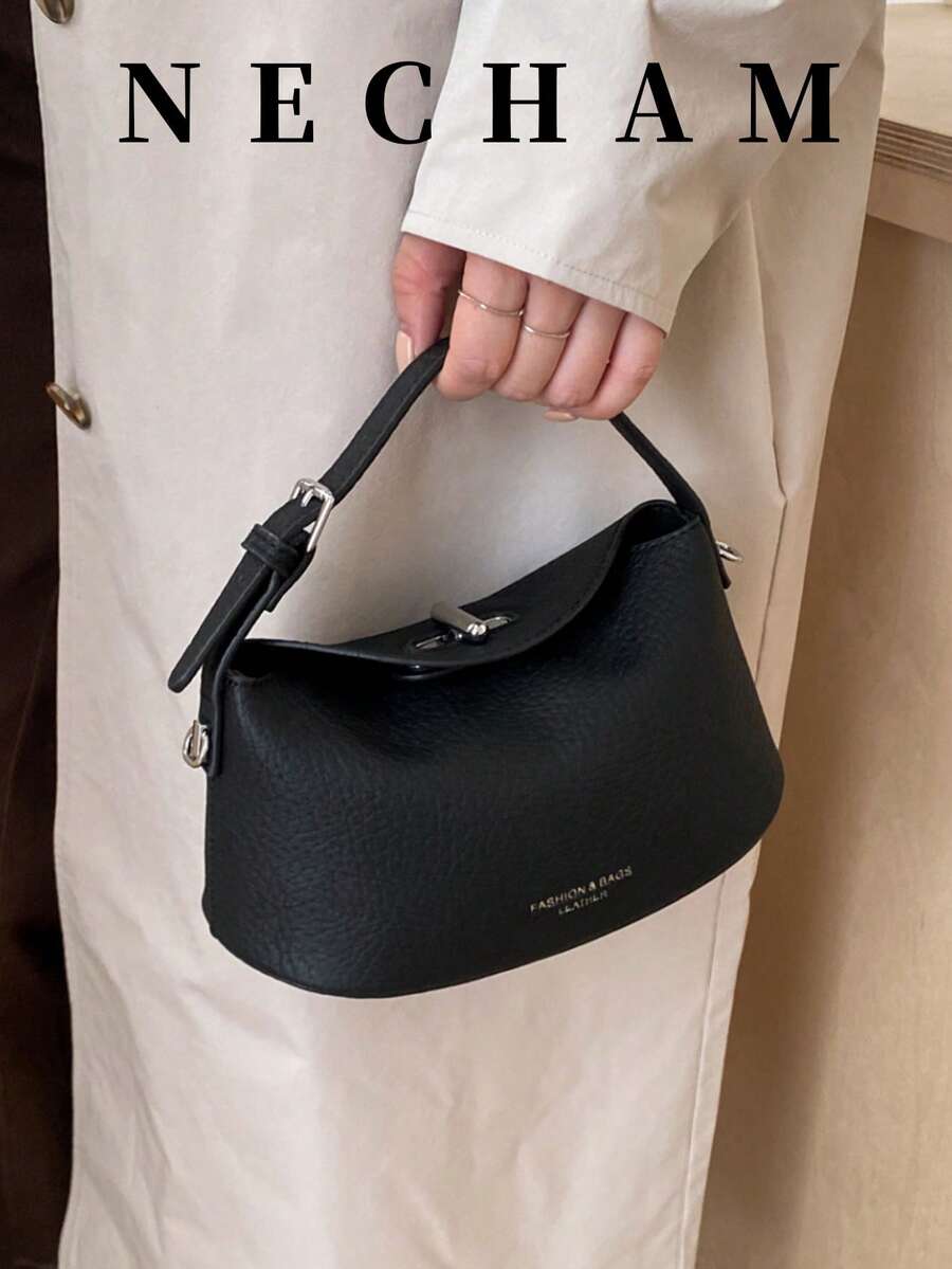 1pc Versatile Handbag, Boxy Design Small Bag, Unique Lock Closure, Suitable For Commuting, Shopping, Dating, Party - Black - View 1